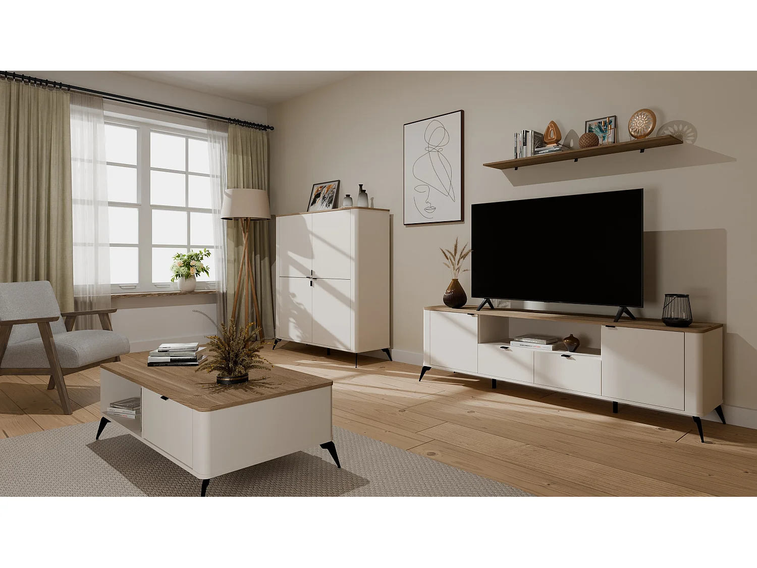 Stolik Cordoba | Beżowy | 110x63x37 cm |  Minimalistyczny Design 2 Szuflady