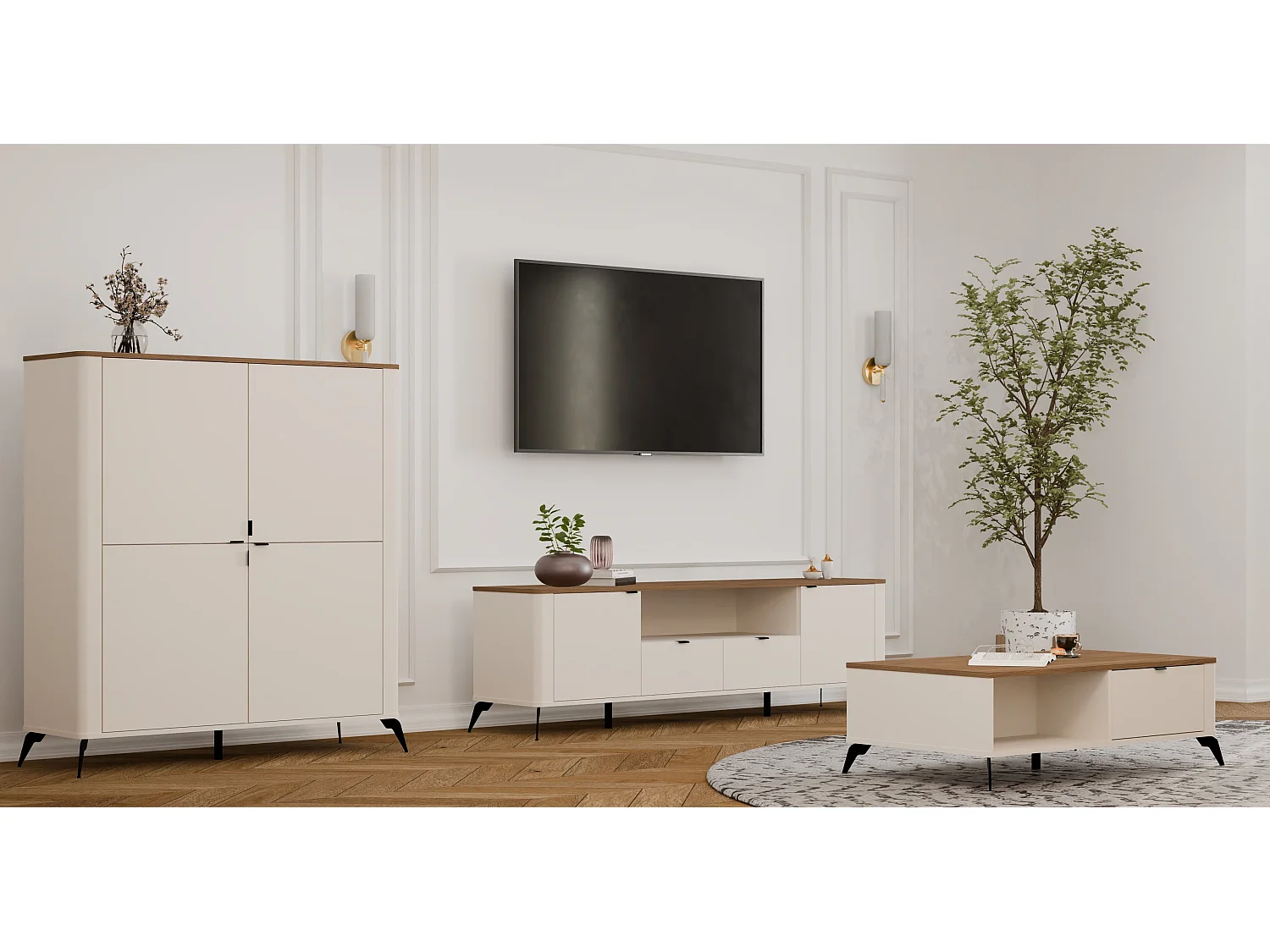 Couchtisch Cordoba beige 110x63 cm mit 2 Schubladen mit Softclose und Castello Eichenplatte