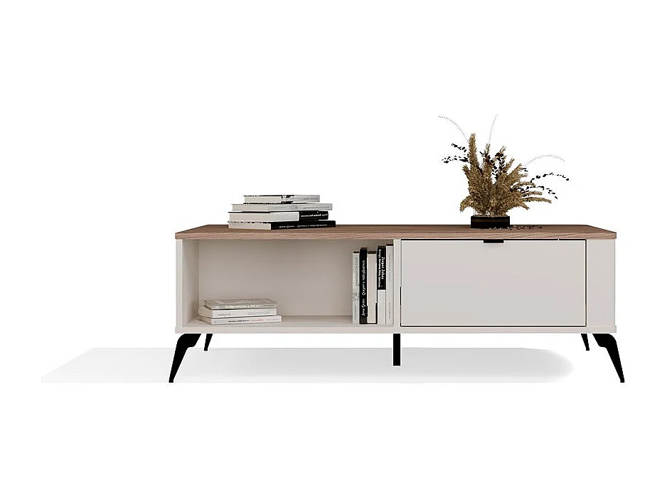 Couchtisch Cordoba beige 110x63 cm mit 2 Schubladen mit Softclose und Castello Eichenplatte