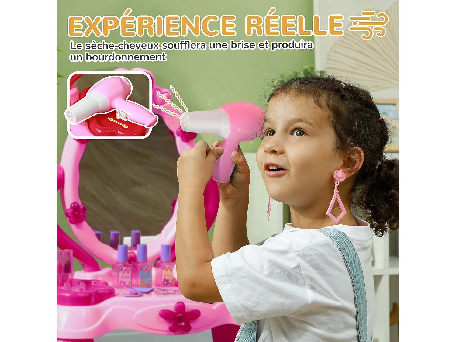 Ensemble coiffeuse tabouret enfant design - nombreux accessoires - effets lumineux sonores - rose