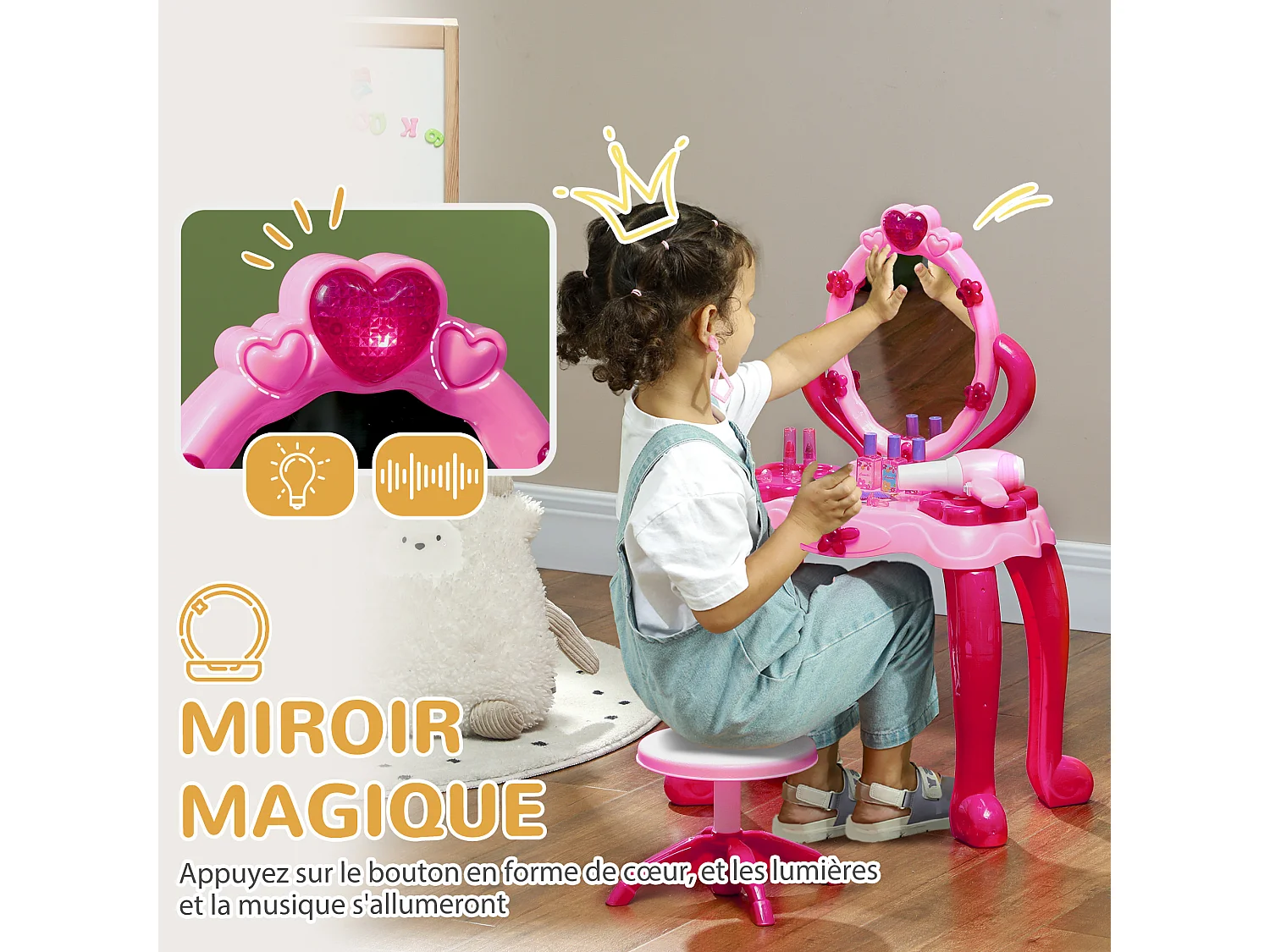 Ensemble coiffeuse tabouret enfant design - nombreux accessoires - effets lumineux sonores - rose