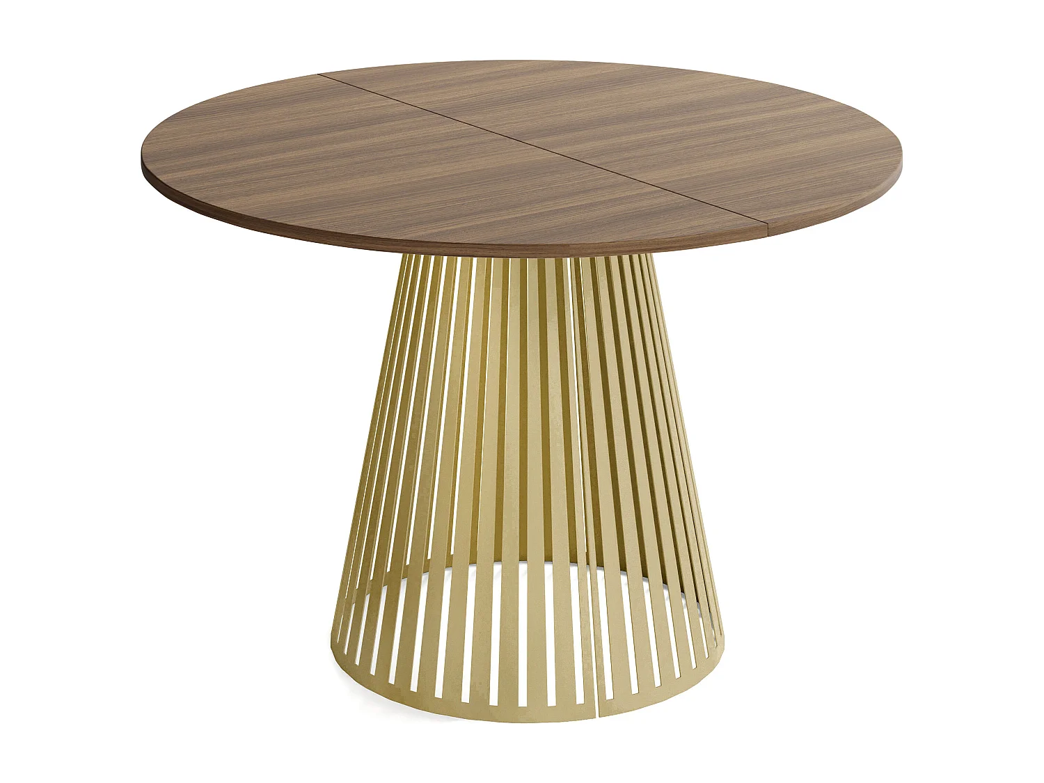 Esstisch Rund Ausziehbar mit Lamellen im Loft-Stil – 100 cm – Industrieller Tisch mit Goldenen Metallbeinen, Platzsparend für Wohnzimmer – Walnuss Braun
