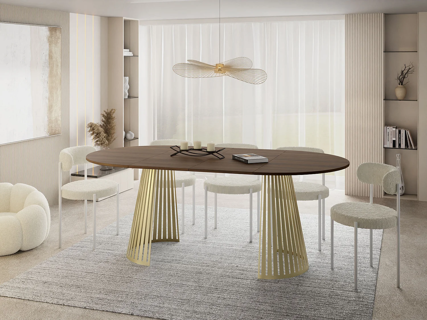 Esstisch Rund Ausziehbar mit Lamellen im Loft-Stil – 100 cm – Industrieller Tisch mit Goldenen Metallbeinen, Platzsparend für Wohnzimmer – Walnuss Braun