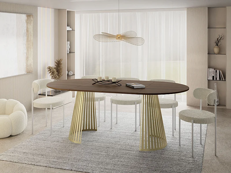 Table à Manger Ronde Extensible Style Loft – 100 cm – Design Industriel avec Pieds en Métal Doré, Gain de Place pour Salon Salle à Manger – Marron Noyer