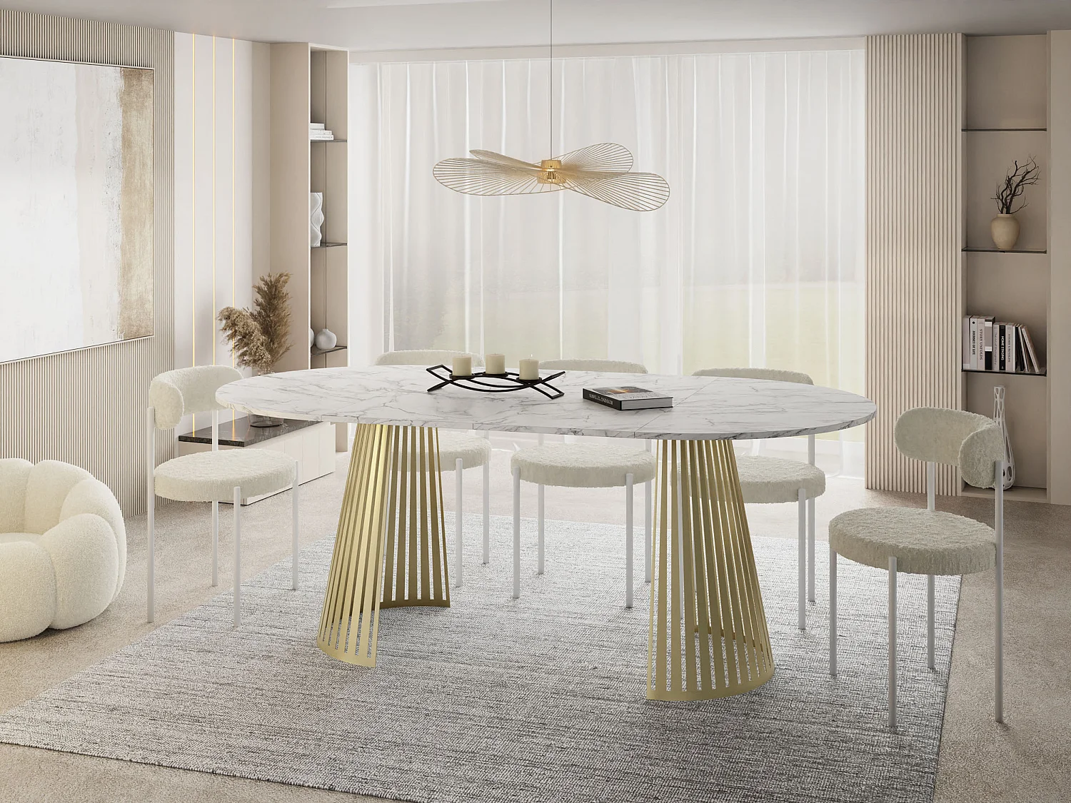 Esstisch Rund Ausziehbar mit Lamellen im Loft-Stil – 120 cm – Industrieller Tisch mit Goldenen Metallbeinen, Platzsparend für Wohnzimmer – Marmor Weiß