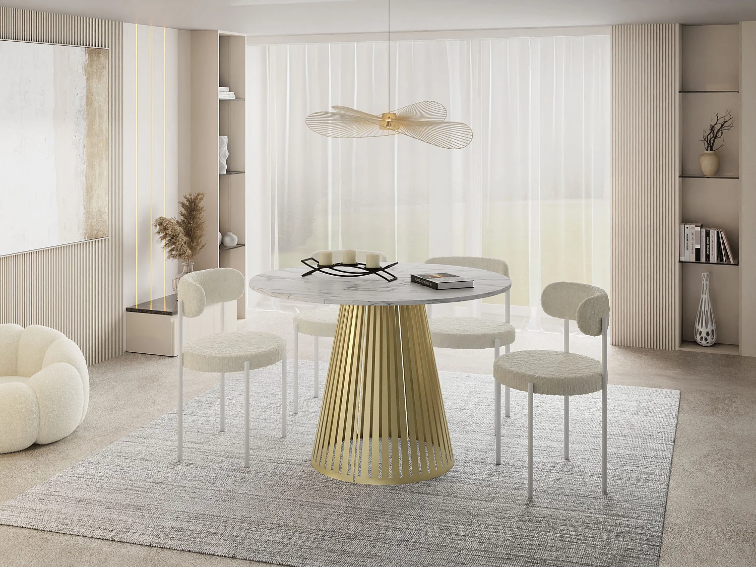 Esstisch Rund Ausziehbar mit Lamellen im Loft-Stil – 120 cm – Industrieller Tisch mit Goldenen Metallbeinen, Platzsparend für Wohnzimmer – Marmor Weiß