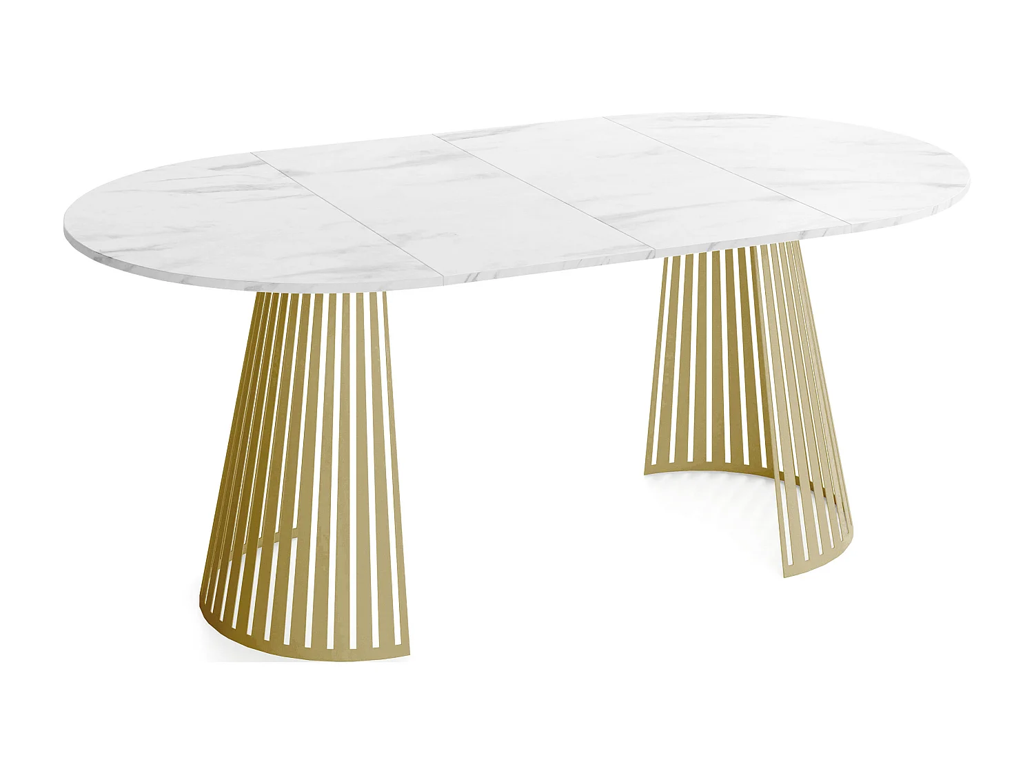Esstisch Rund Ausziehbar mit Lamellen im Loft-Stil – 120 cm – Industrieller Tisch mit Goldenen Metallbeinen, Platzsparend für Wohnzimmer – Marmor Weiß