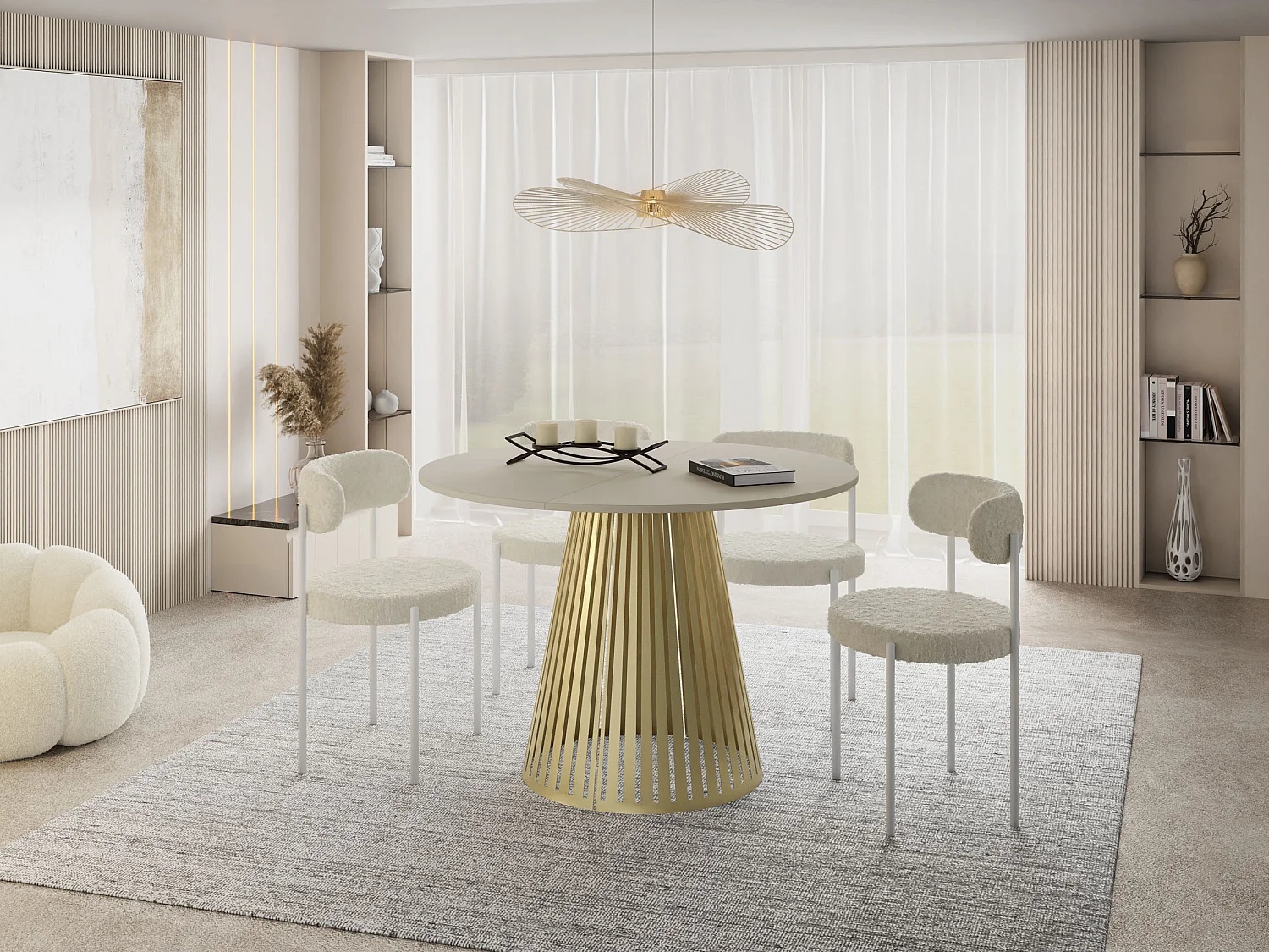 Esstisch Rund Ausziehbar mit Lamellen im Loft-Stil – 100 cm – Industrieller Tisch mit Goldenen Metallbeinen, Platzsparend für Wohnzimmer – Beige Kaschmir