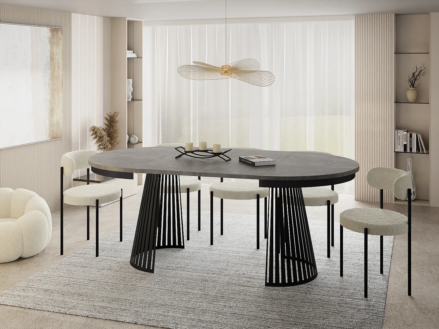 Table à Manger Ronde Extensible avec Lamelles Style Loft 100 cm – Design Industriel avec Pieds en Métal Noir, Gain de Place pour Salon, Salle à Manger – Gris Béton