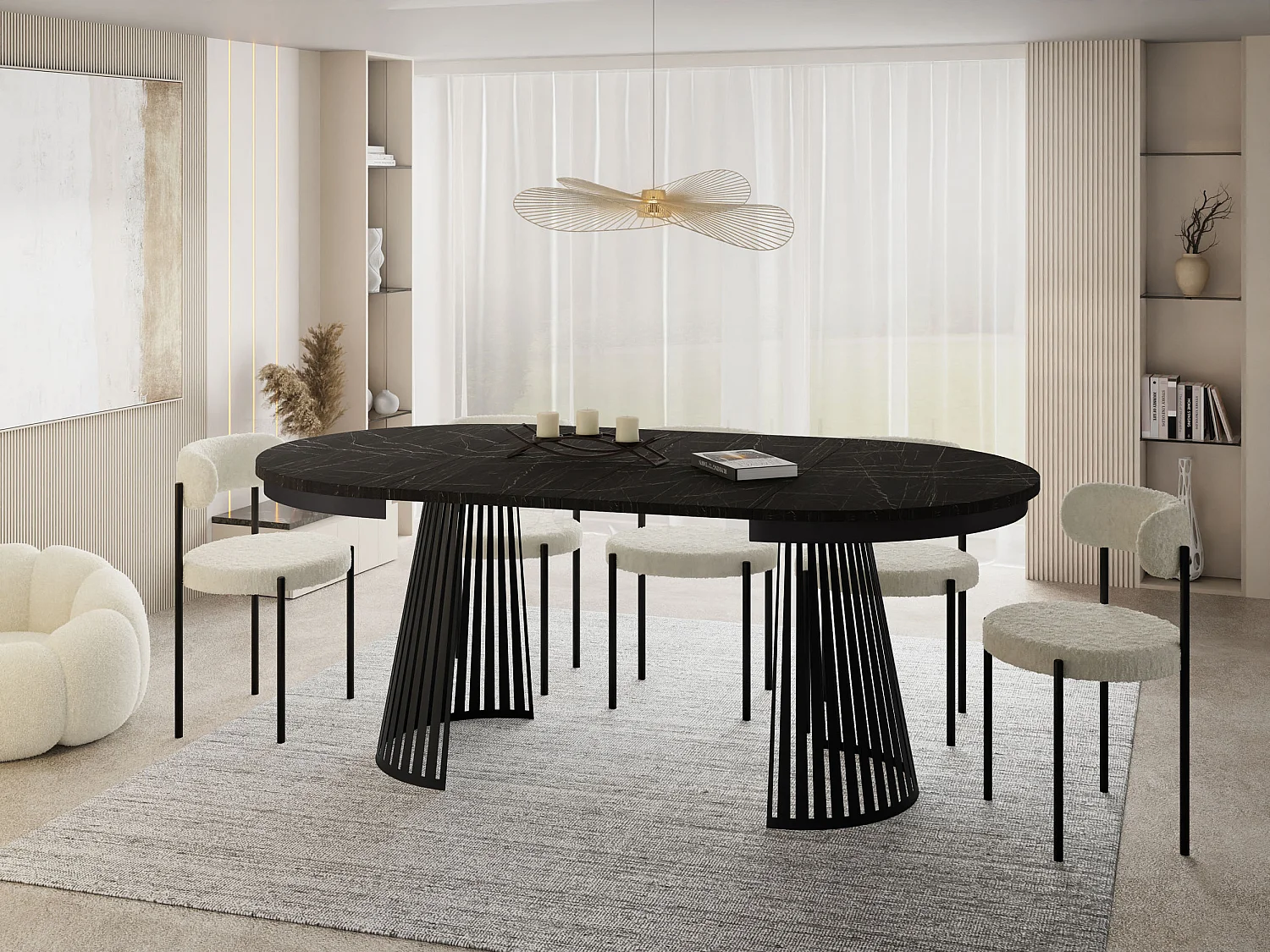 Esstisch Rund Ausziehbar mit Lamellen im Loft-Stil – 100 cm – Industrieller Tisch mit Schwarzen Metallbeinen, Platzsparend für Wohnzimmer Esszimmer – Marmor Schwarz