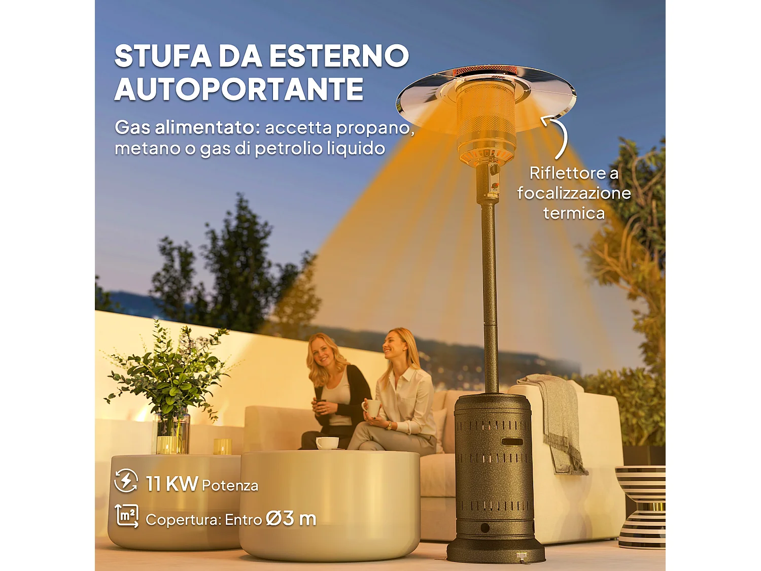 Outsunny Stufa a Gas/Propano da Esterno 11kw, con Spegnimento Automatico e Rotelle, Riscaldatore da Esterno Portatile, 82x82x223 cm