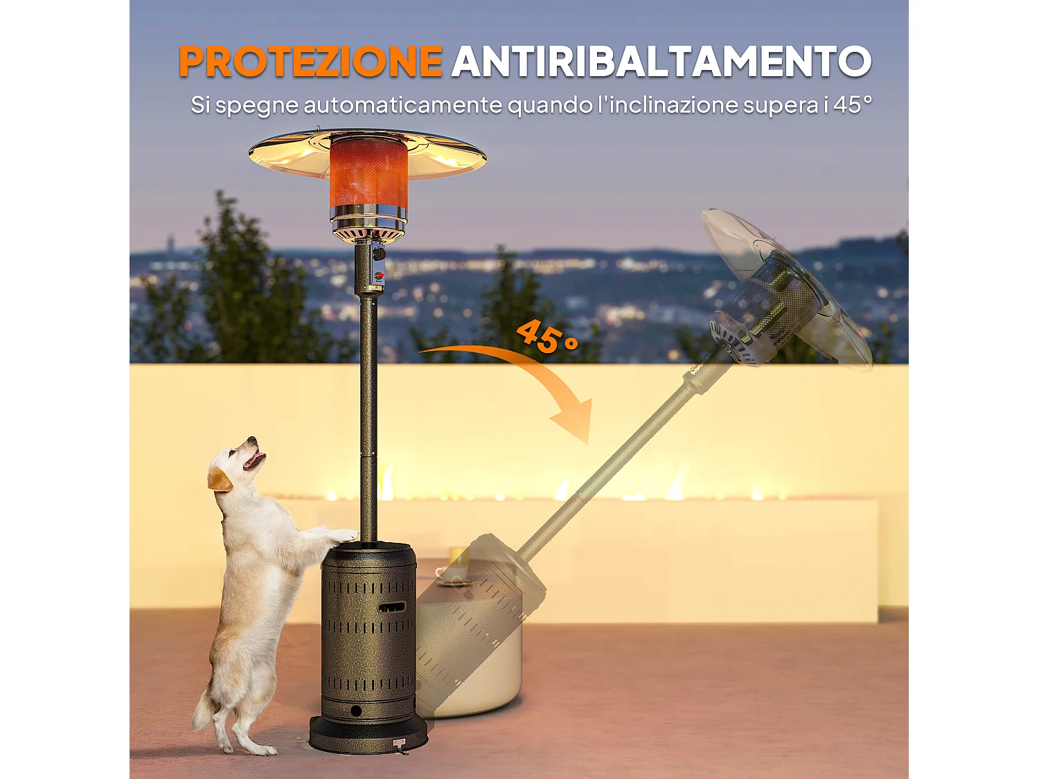 Riscaldatore da esterno con spegnimento automatico e rotelle marrone