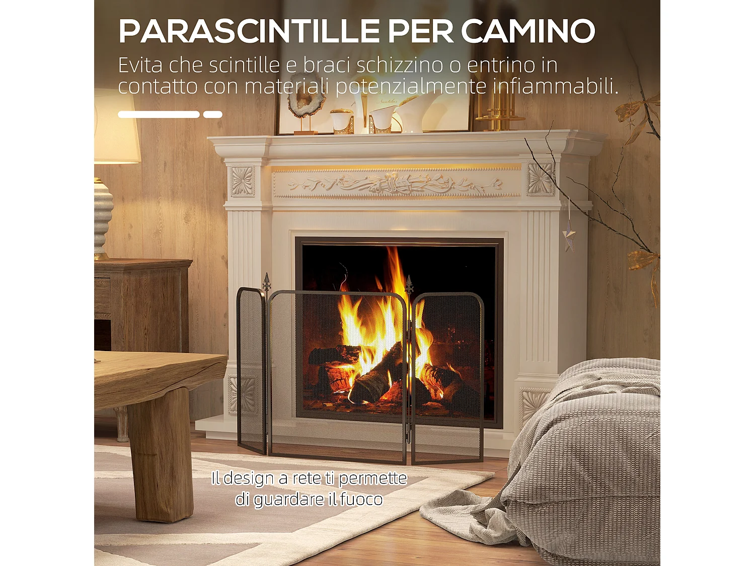 Parascintille camino pieghevole 3 pannelli in metallo nero 96x1.3x56cm
