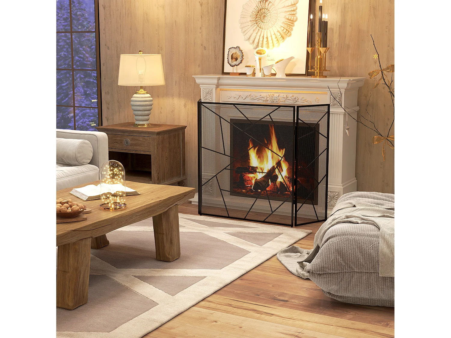 Parascintille per camino pieghevole a 3 pannelli in acciaio nero