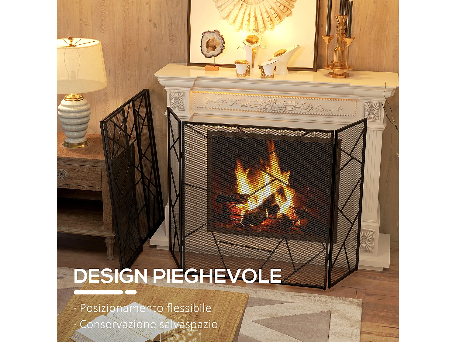 Parascintille per camino pieghevole a 3 pannelli in acciaio nero