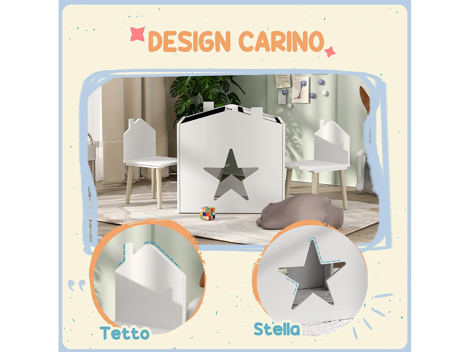 Set 2 sedie per bambini e tavolino con lavagna età 3-8 anni bianco