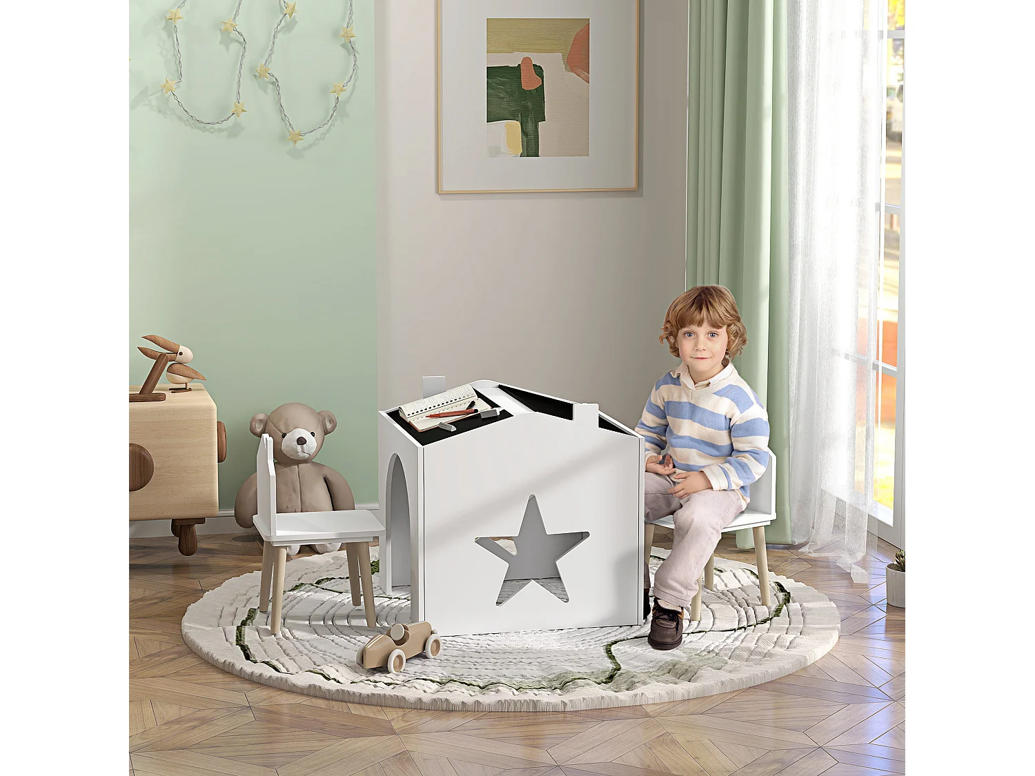 Set 2 sedie per bambini e tavolino con lavagna età 3-8 anni bianco