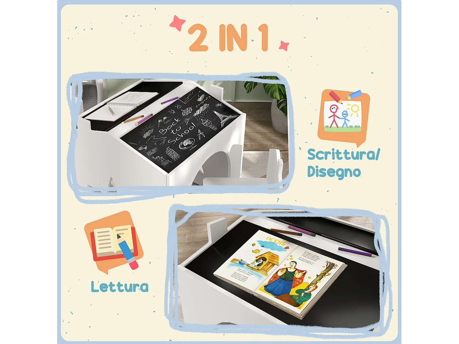Set 2 sedie per bambini e tavolino con lavagna età 3-8 anni bianco