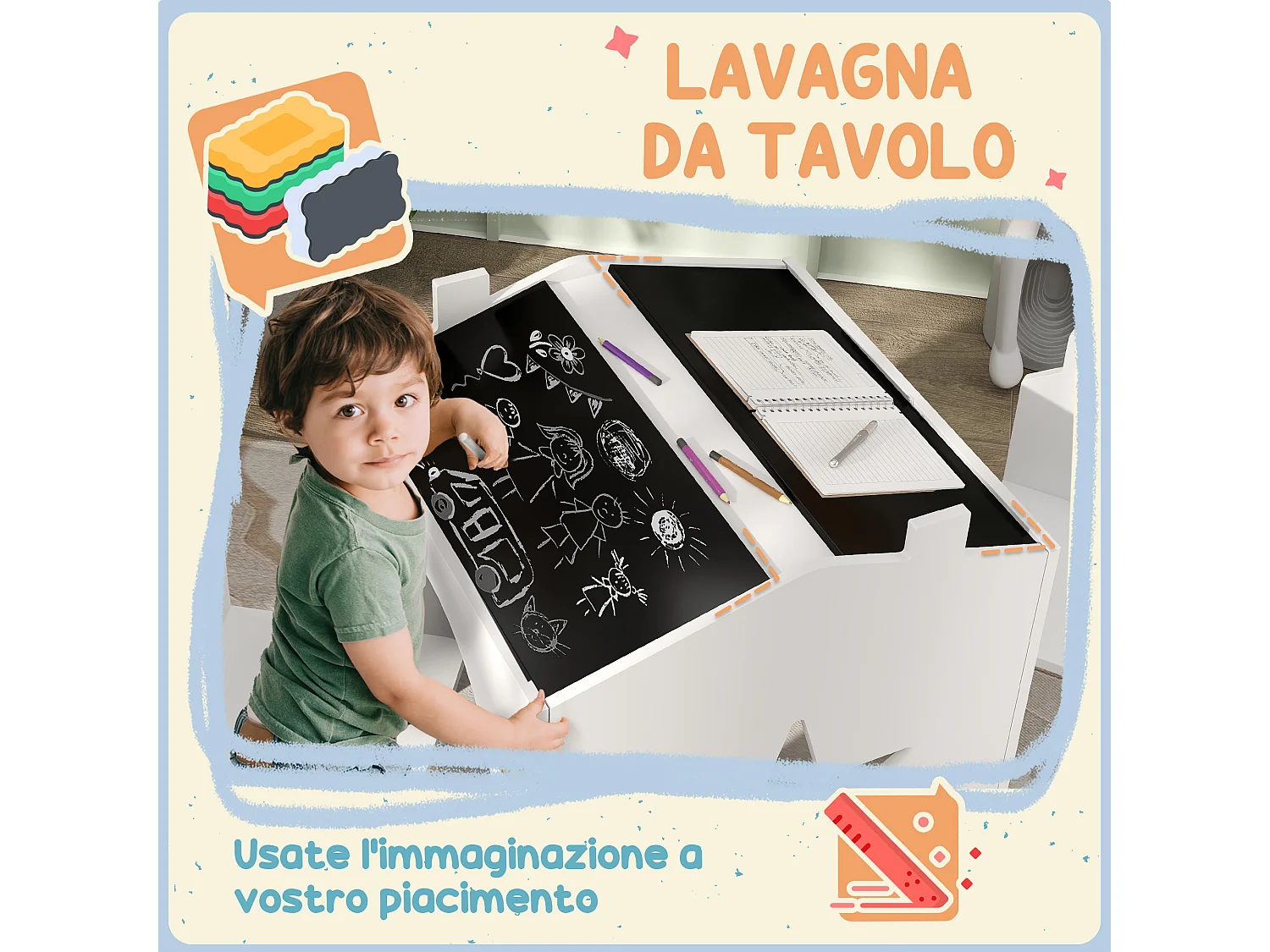 Set 2 sedie per bambini e tavolino con lavagna età 3-8 anni bianco