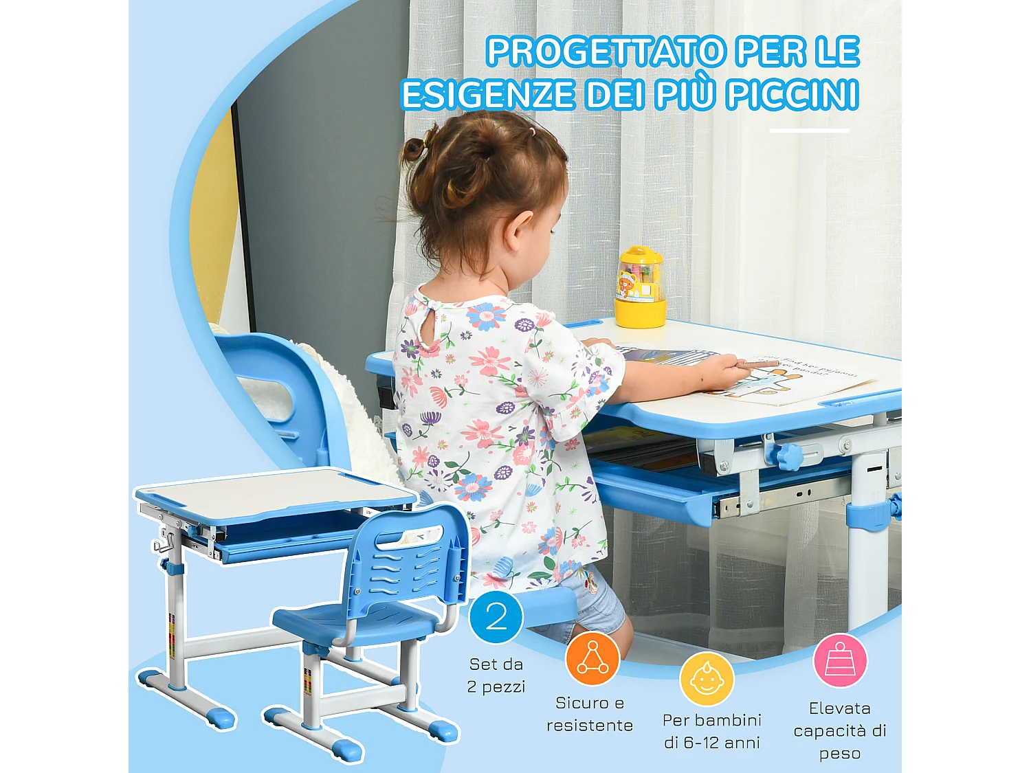 Banco scuola con sedia altezza regolabile piano inclinabile 45°