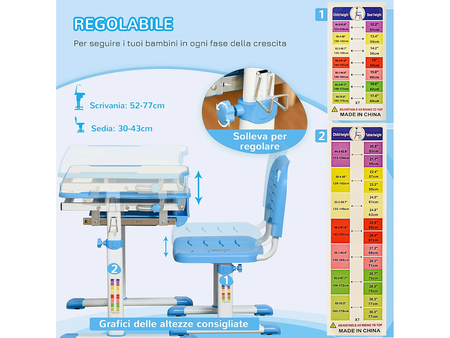 Banco scuola con sedia altezza regolabile piano inclinabile 45°