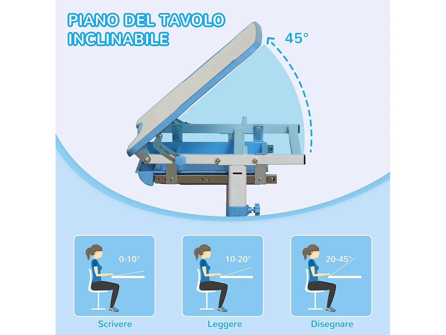 Banco scuola con sedia altezza regolabile piano inclinabile 45°