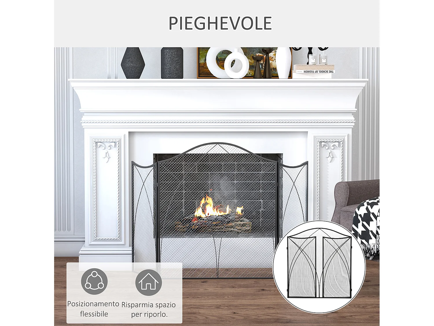 Parascintille camino a 3 parti pieghevole in metallo nero