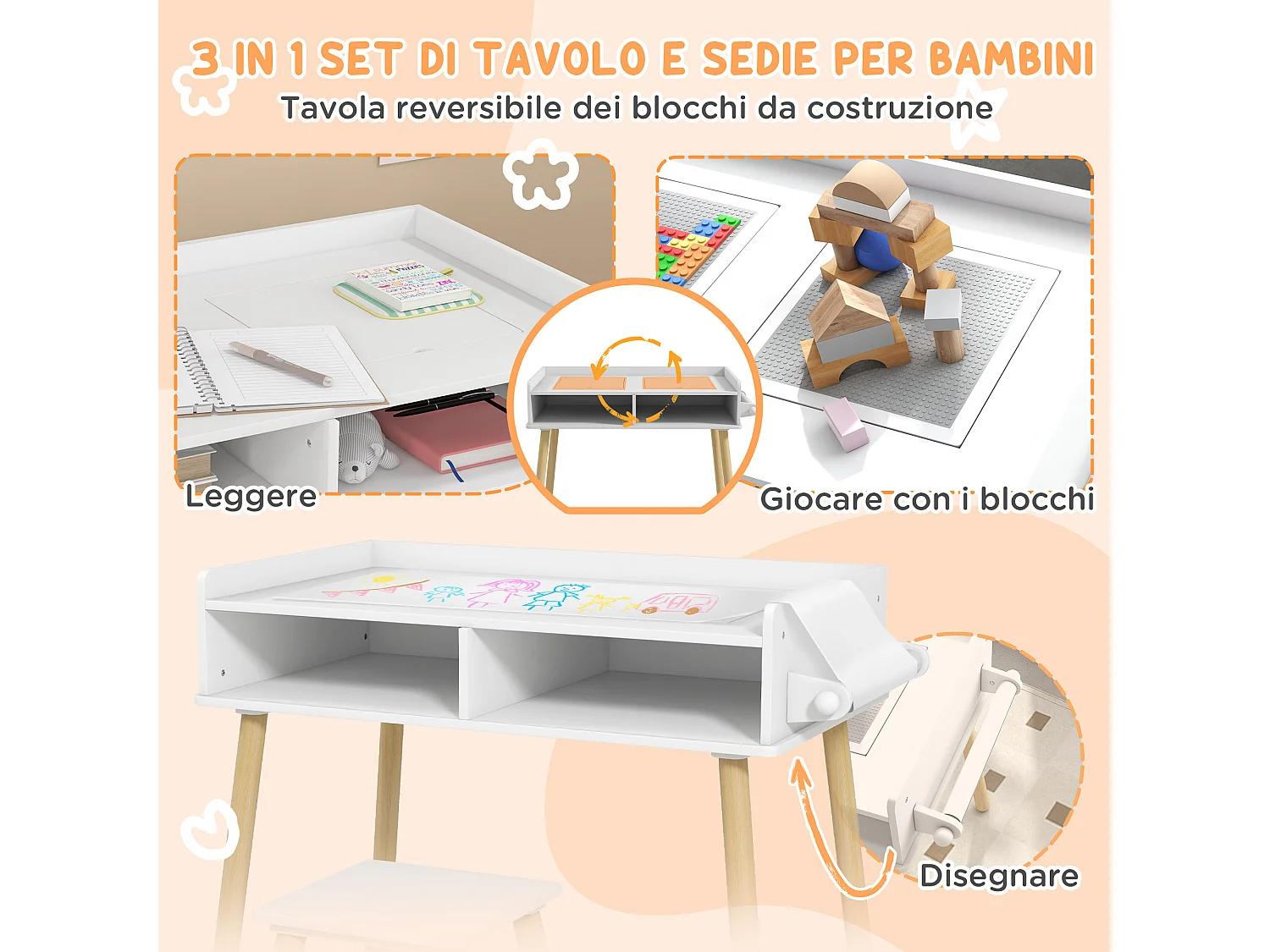 Set tavolino per bambini con sgabello e rotolo di carta bianco