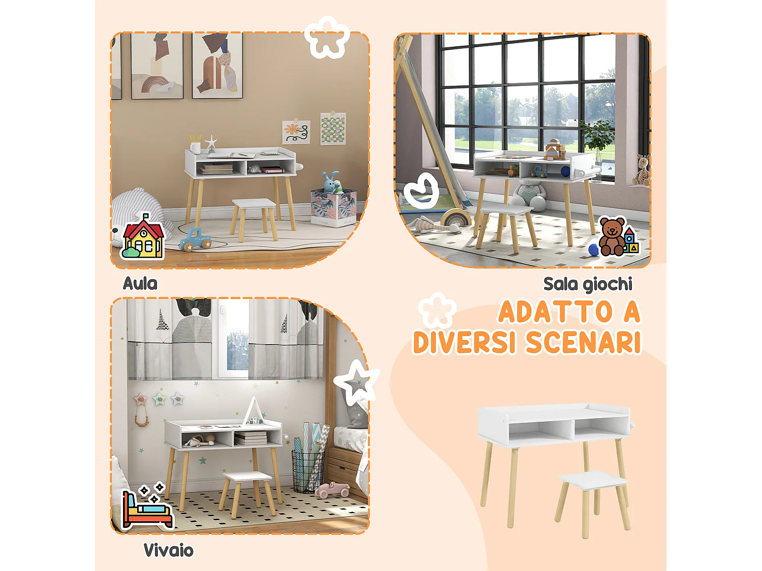 Set tavolino per bambini con sgabello e rotolo di carta bianco