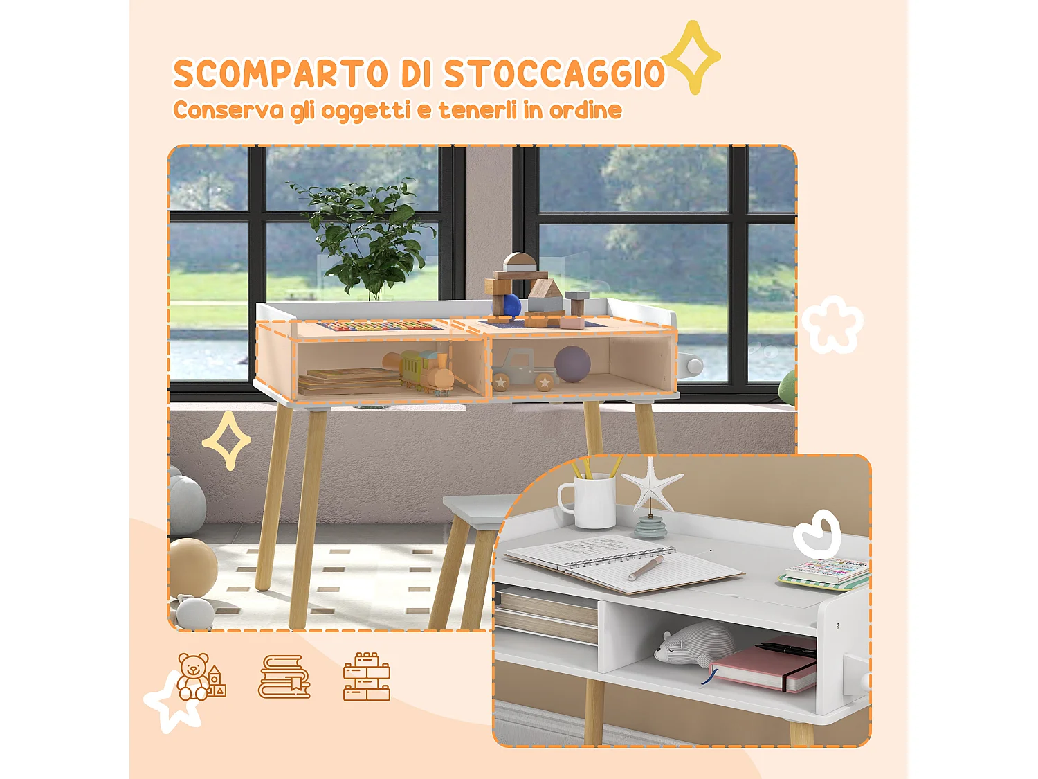 Set tavolino per bambini con sgabello e rotolo di carta bianco