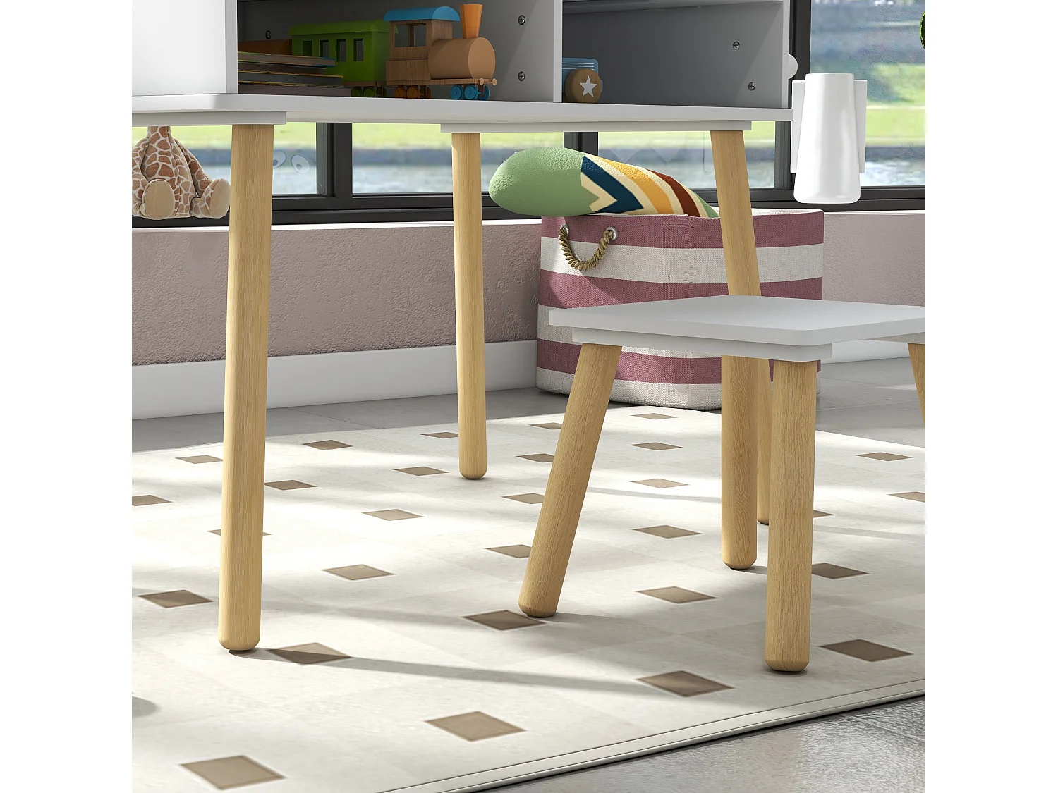 Set tavolino per bambini con sgabello e rotolo di carta bianco