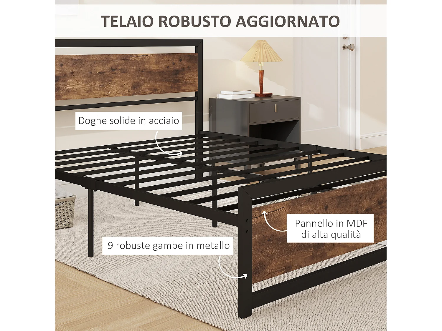 Struttura letto matrimoniale 160x200cm acciaio legno con doghe