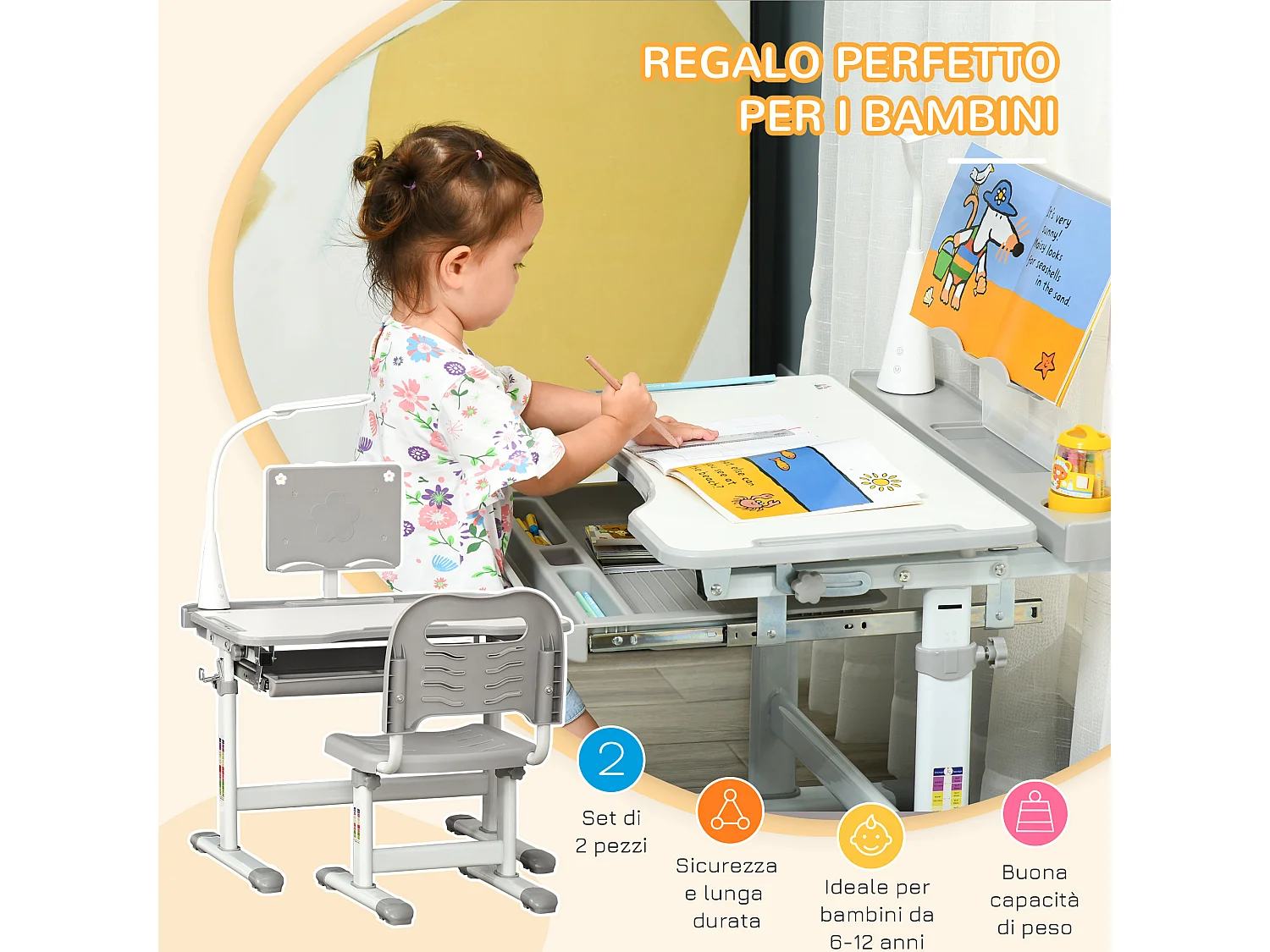 Banco scuola con sedia bimbi 6-12 anni altezza regolabile grigio