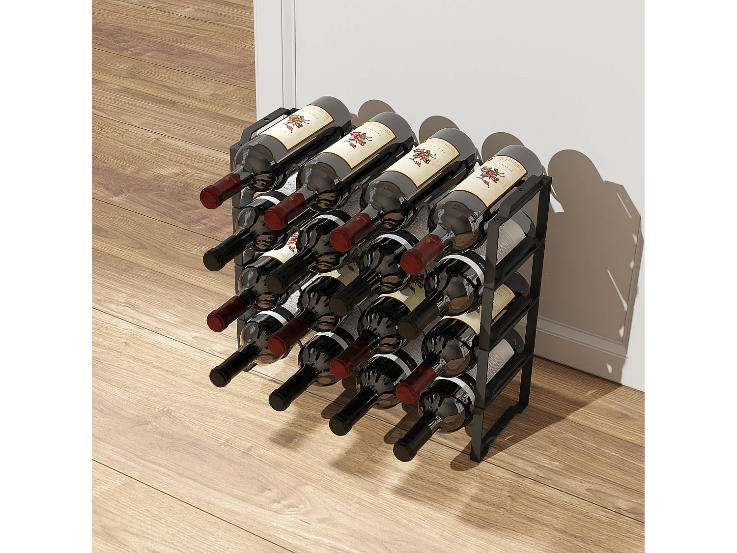 Portabottiglie a 4 livelli a onda impilabili in metallo nero