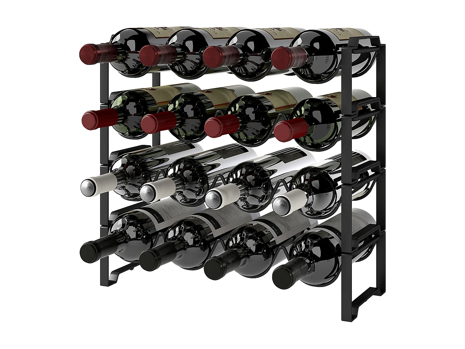 Portabottiglie a 4 livelli a onda impilabili in metallo nero