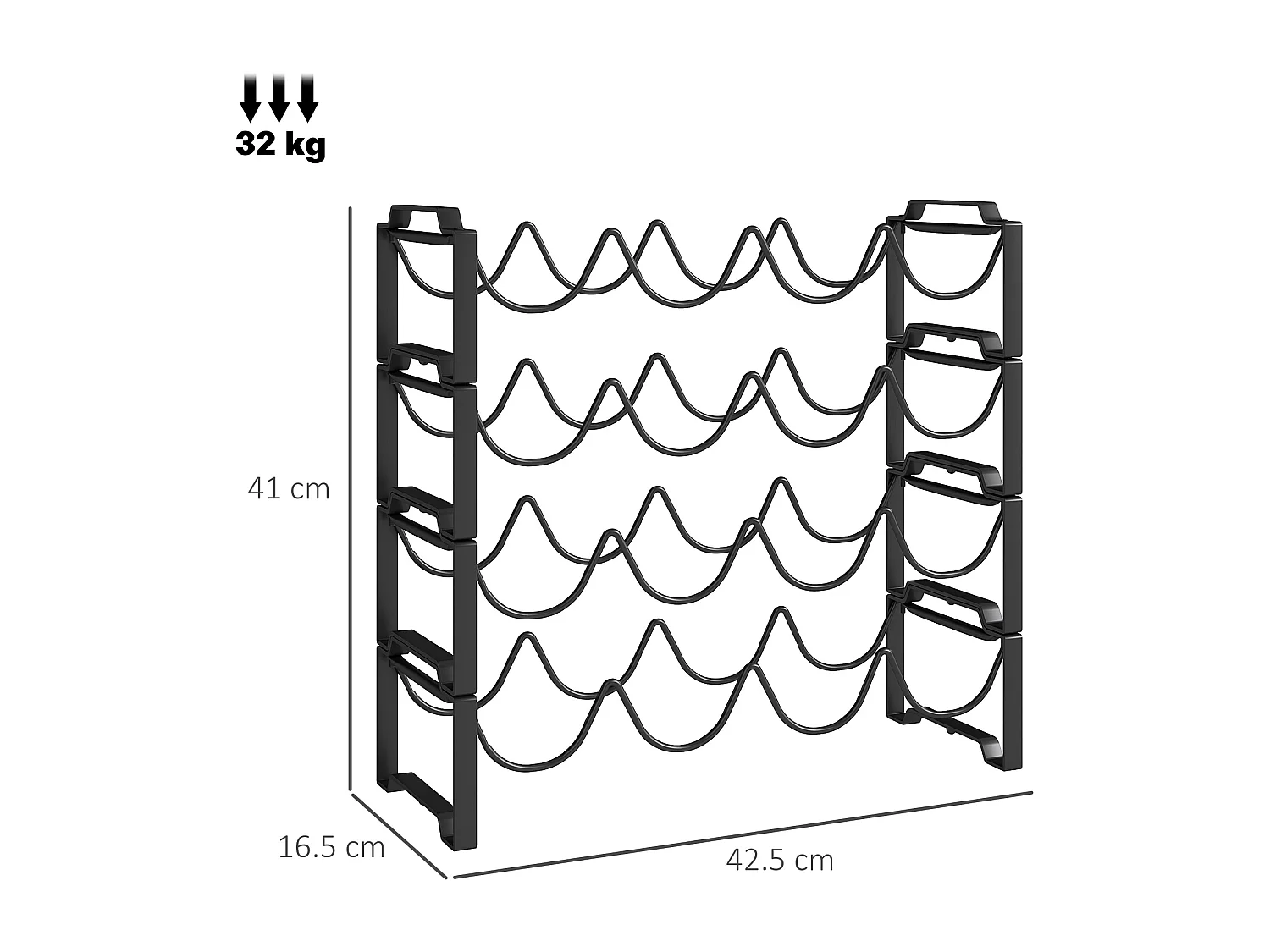 Portabottiglie a 4 livelli a onda impilabili in metallo nero