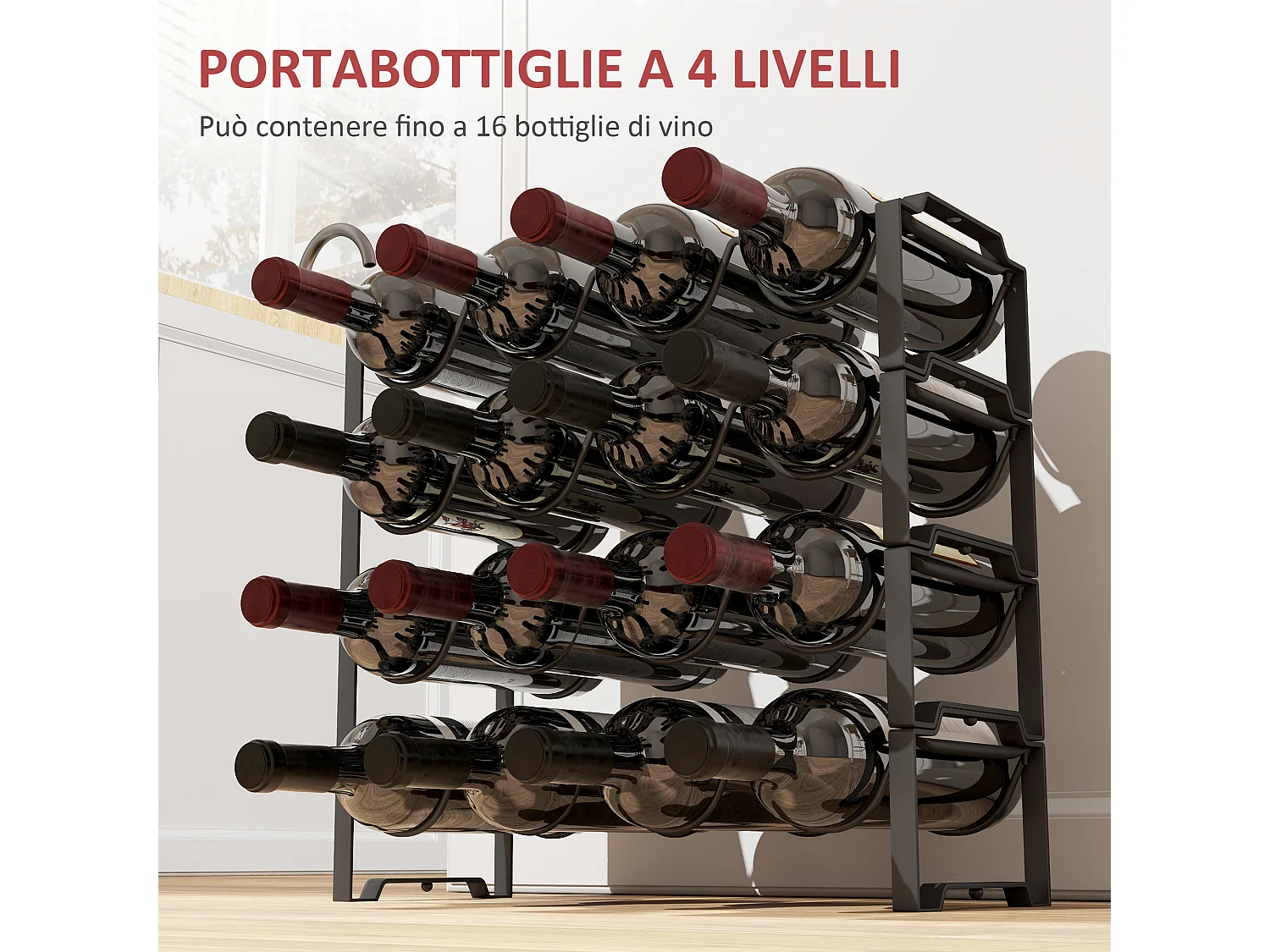 Portabottiglie a 4 livelli a onda impilabili in metallo nero