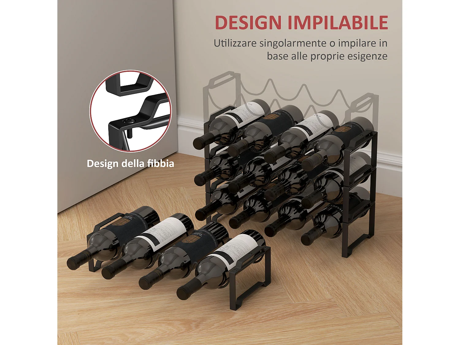 Portabottiglie a 4 livelli a onda impilabili in metallo nero