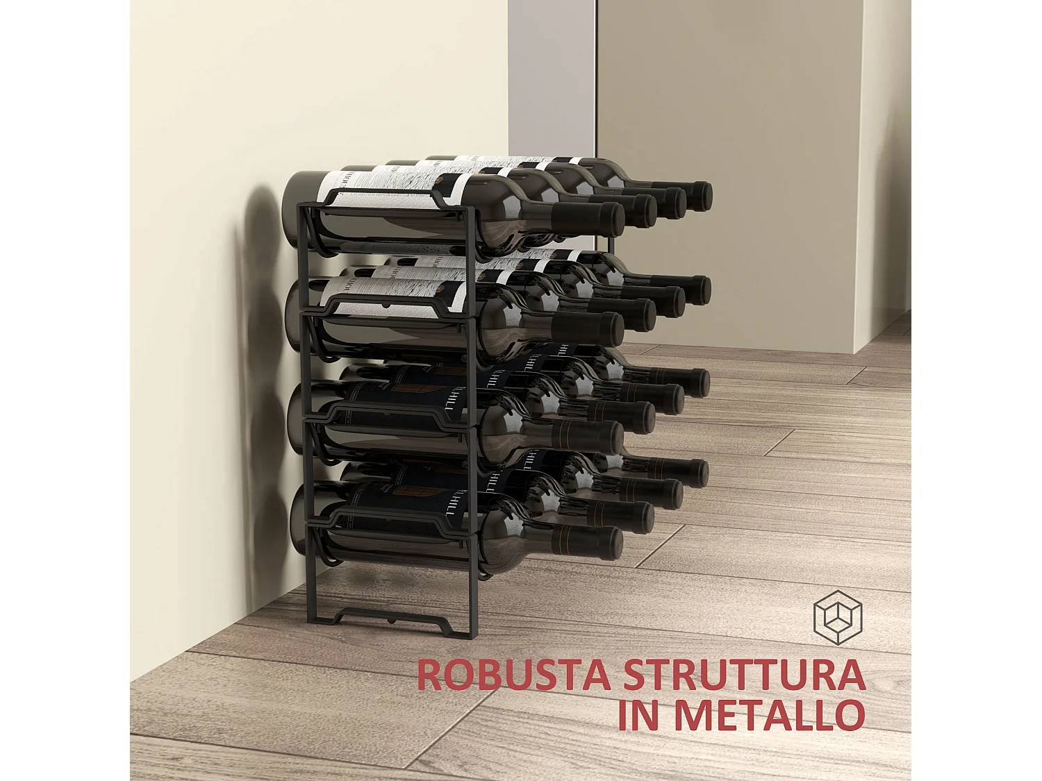 Portabottiglie a 4 livelli a onda impilabili in metallo nero
