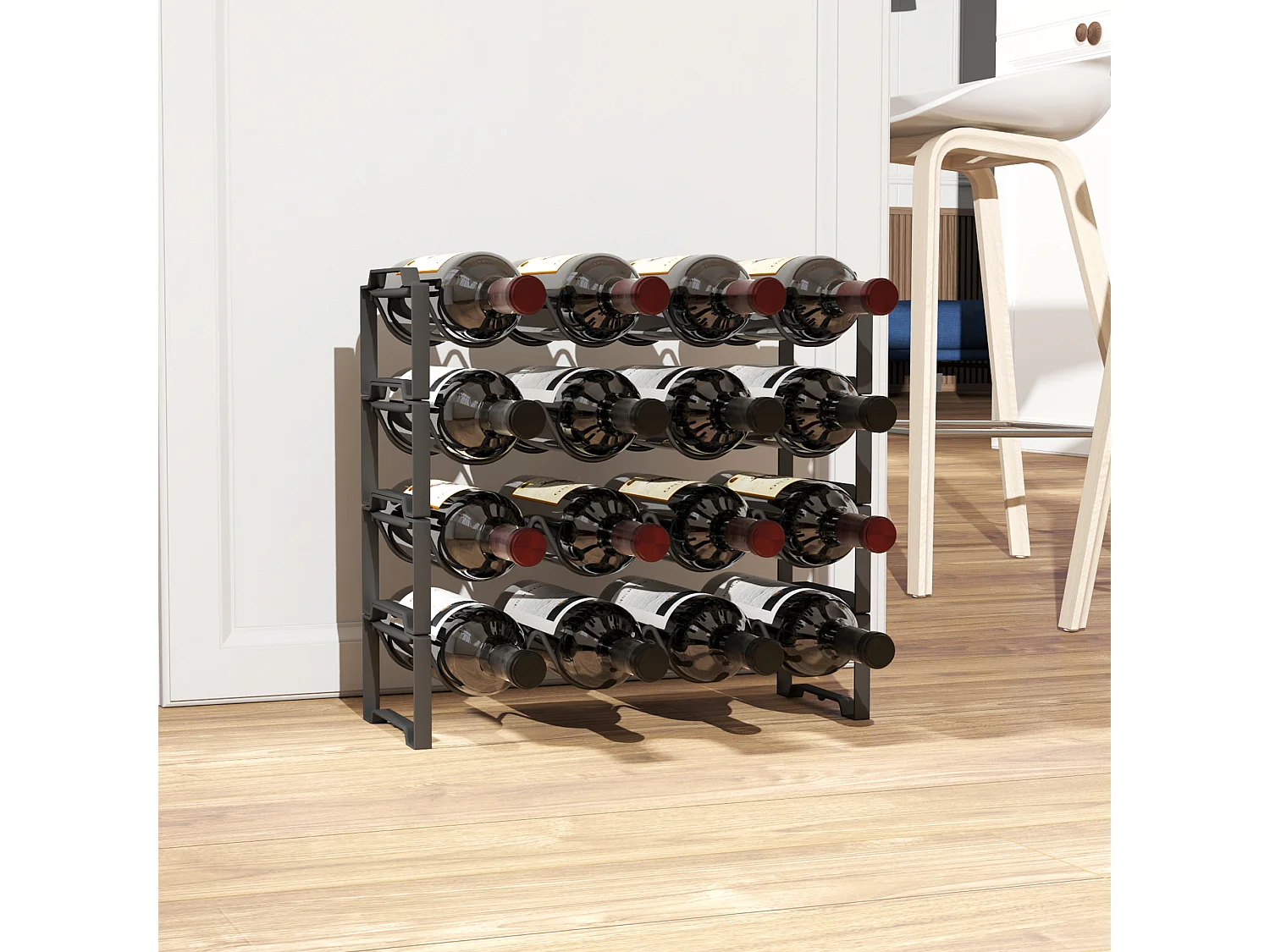 Portabottiglie a 4 livelli a onda impilabili in metallo nero