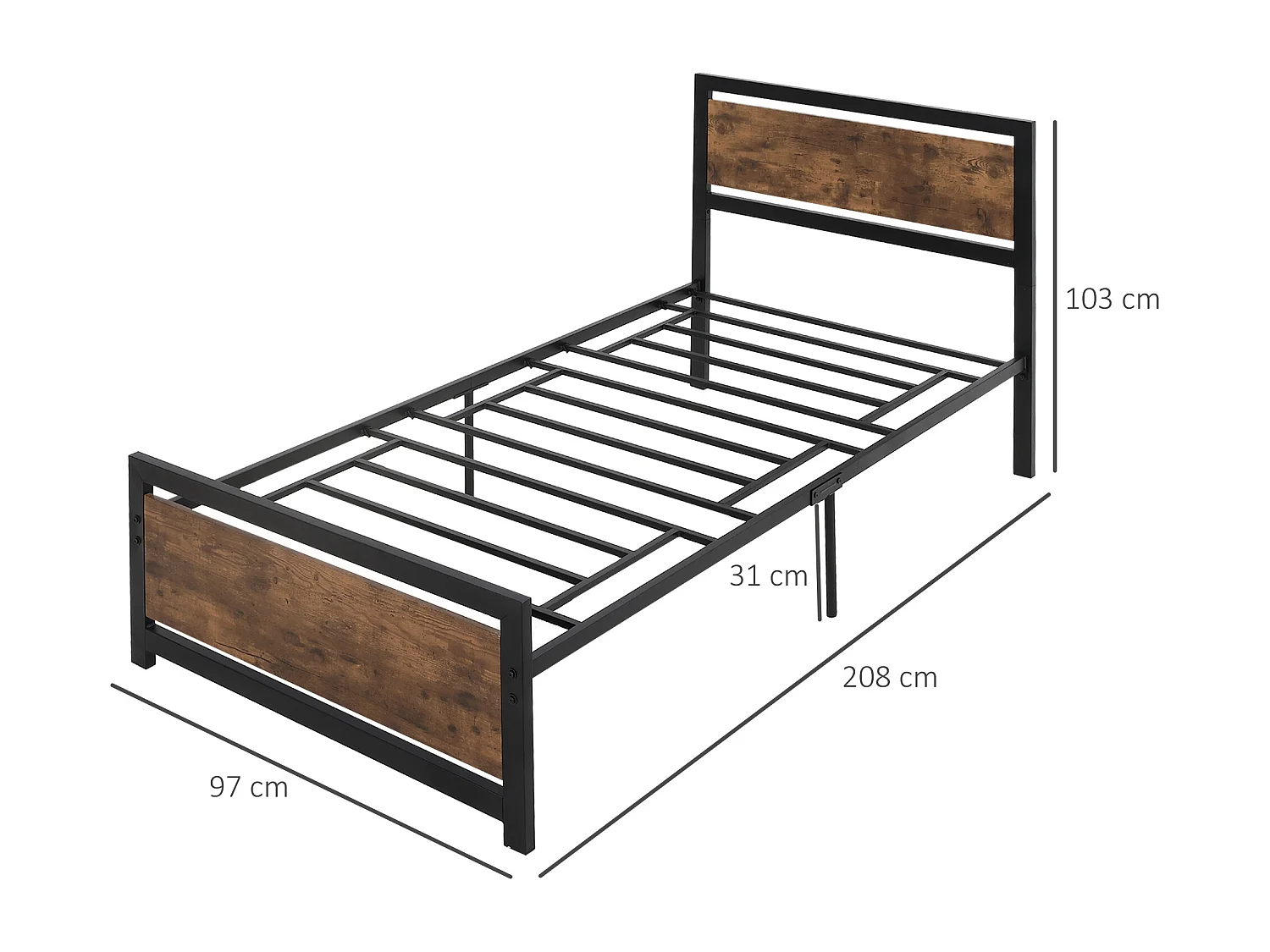 Letto singolo acciaio legno e doghe stile industriale 90x200cm