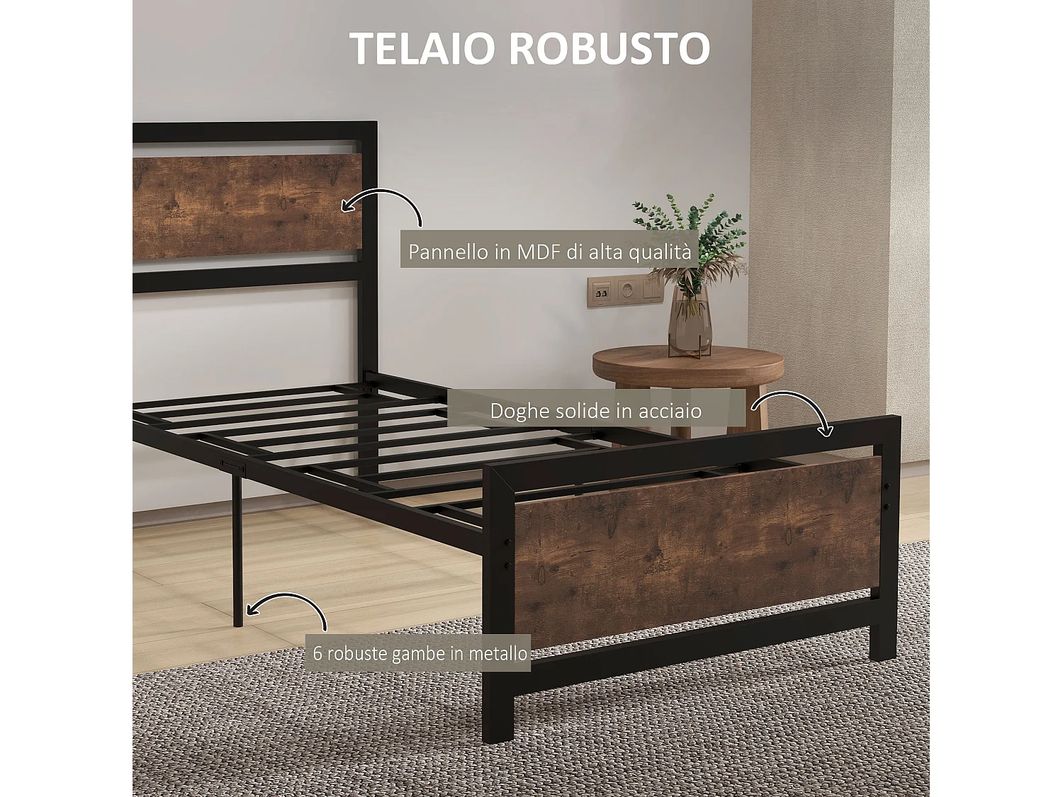 Letto singolo acciaio legno e doghe stile industriale 90x200cm