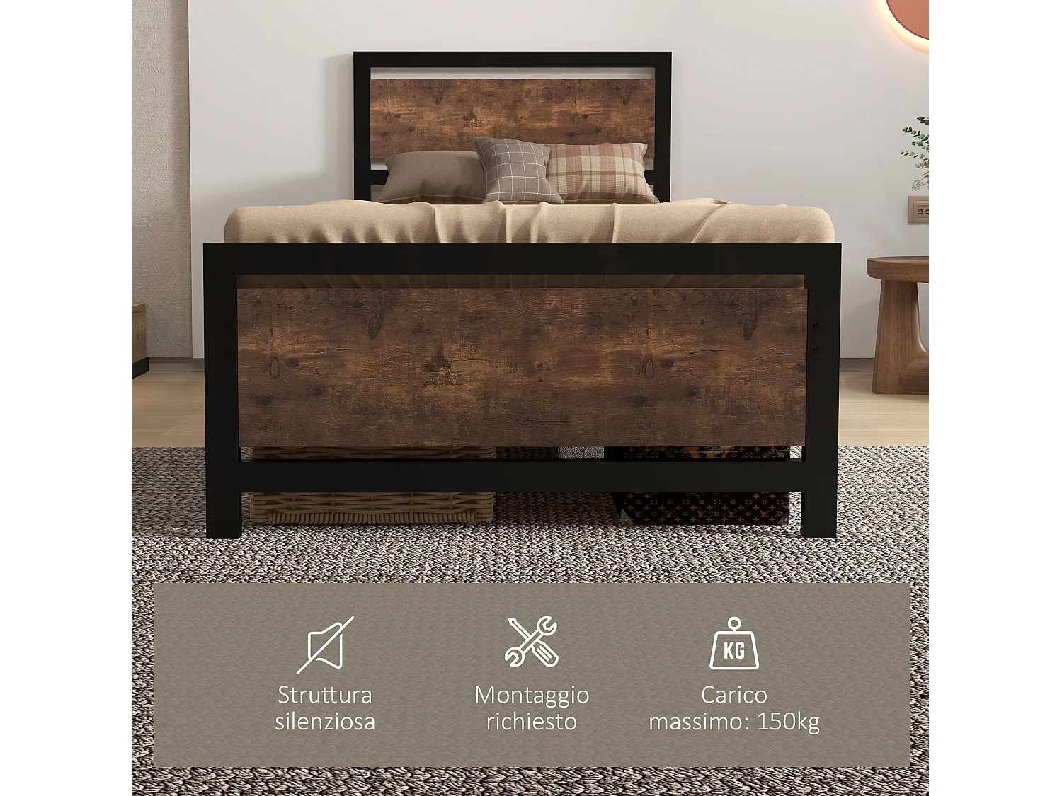 Letto singolo acciaio legno e doghe stile industriale 90x200cm