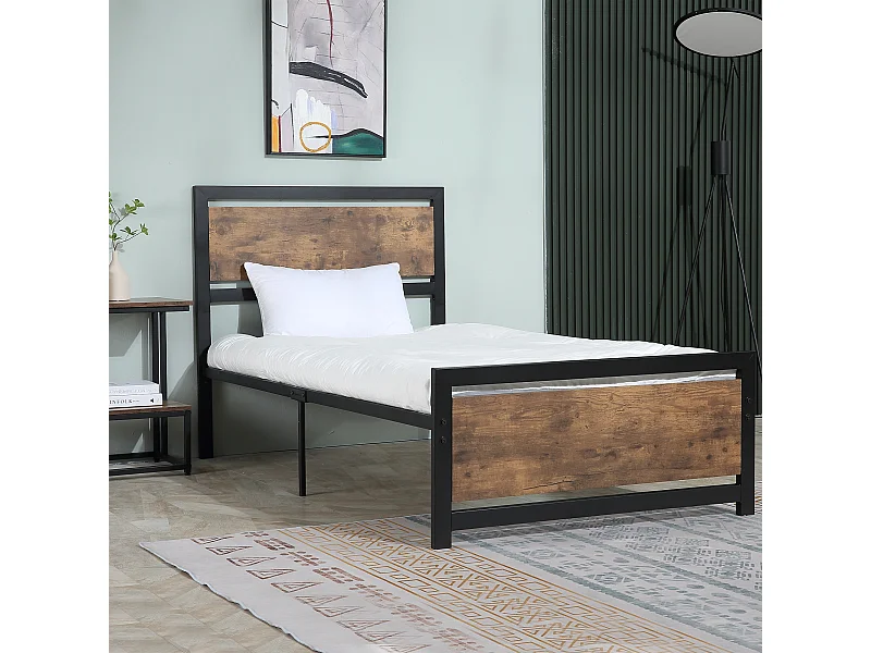 Letto singolo acciaio legno e doghe stile industriale 90x200cm