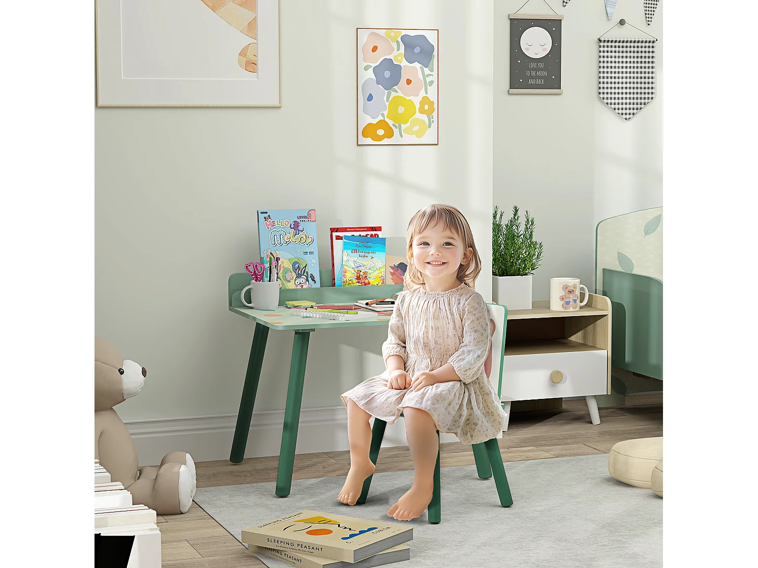 Set Sedia e tavolino per bambini con ripiano in legno verde