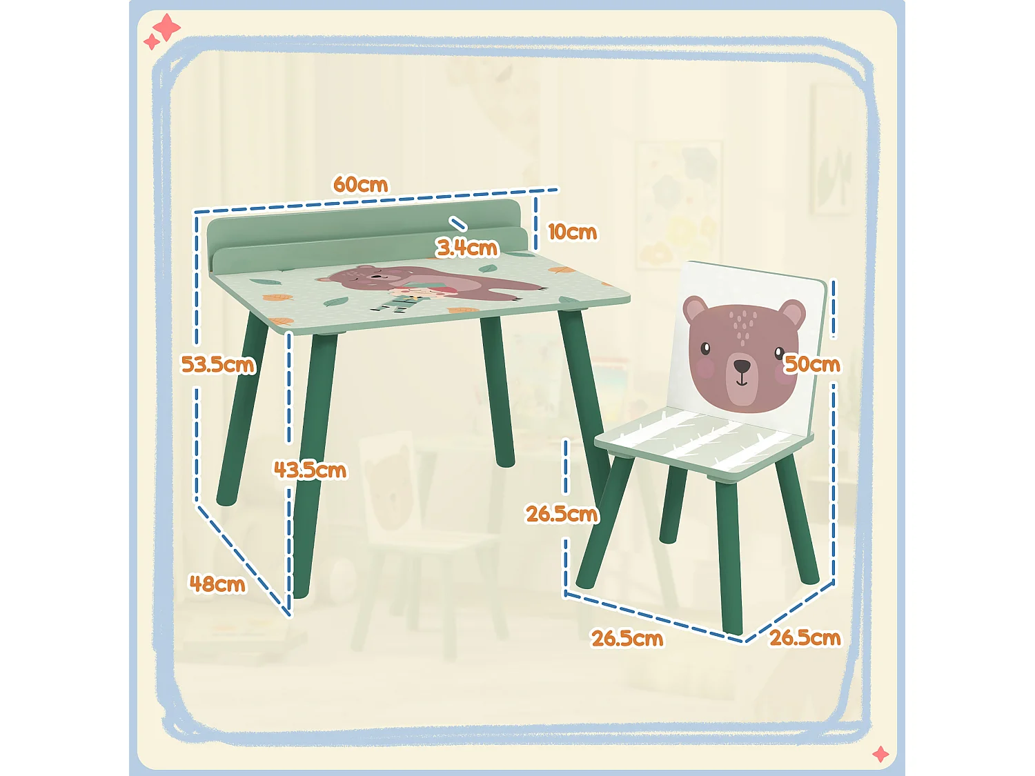 Set Sedia e tavolino per bambini con ripiano in legno verde