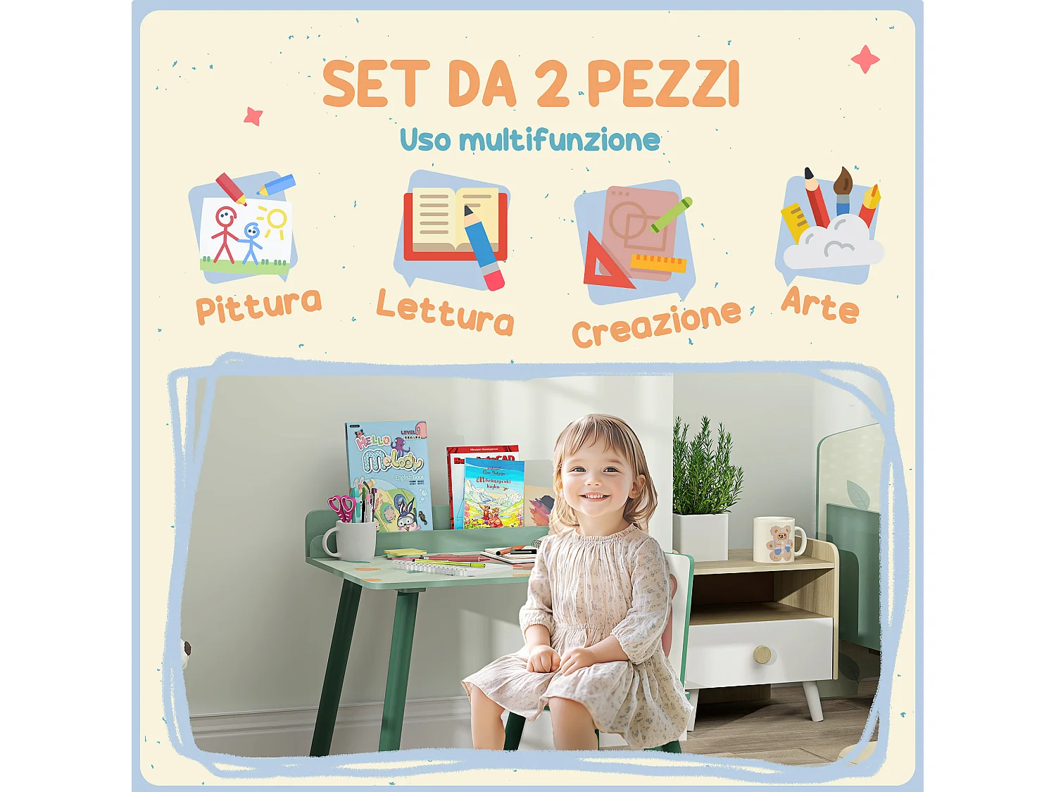 Set Sedia e tavolino per bambini con ripiano in legno verde