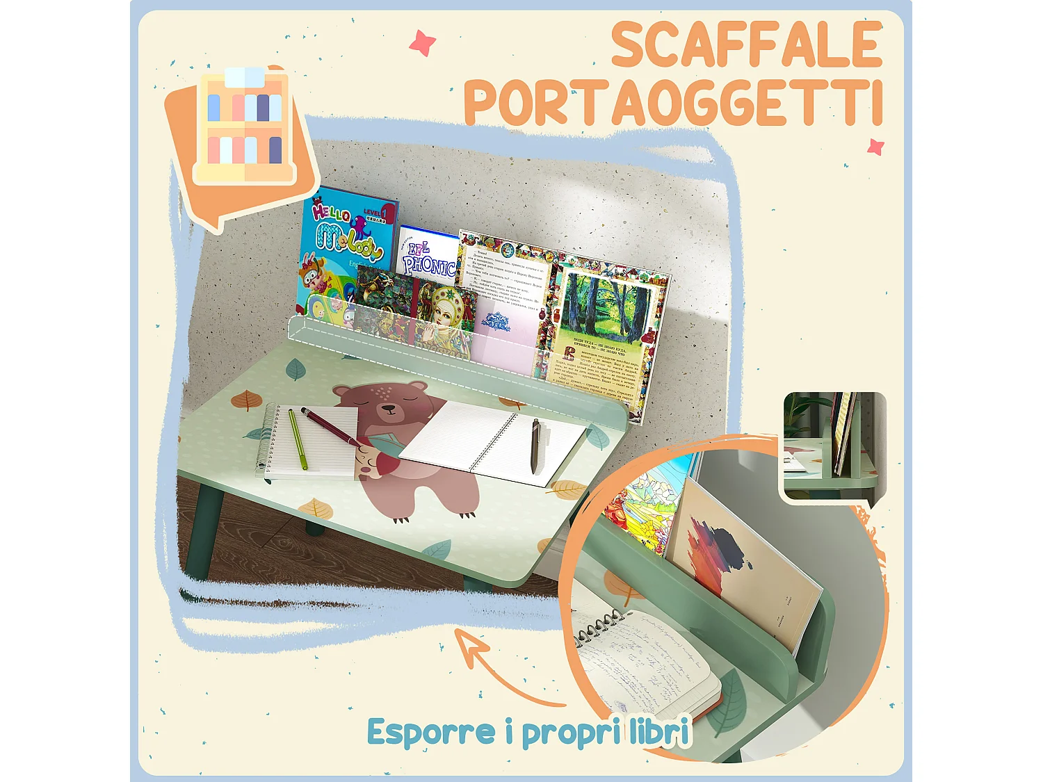 Set Sedia e tavolino per bambini con ripiano in legno verde