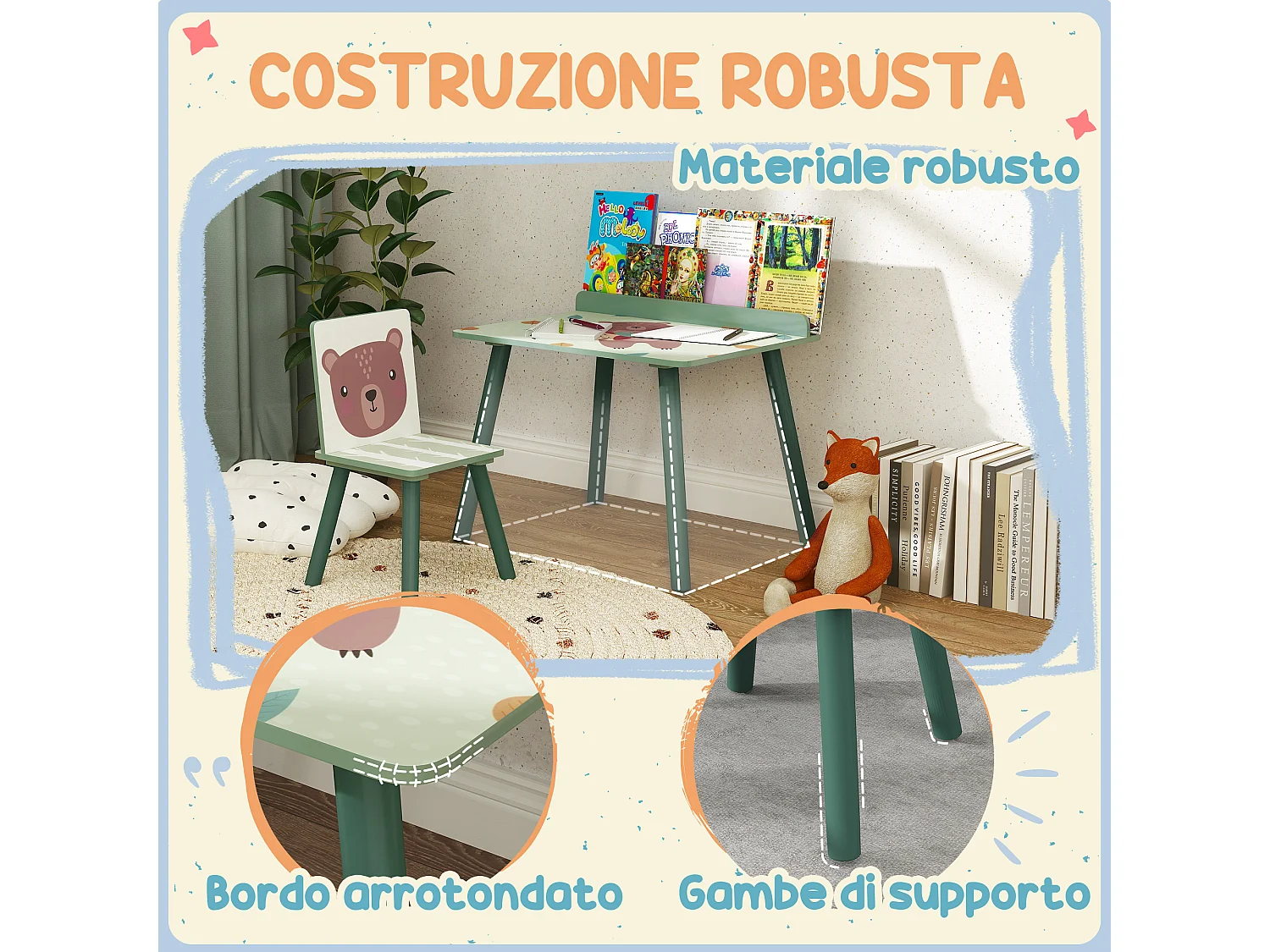 Set Sedia e tavolino per bambini con ripiano in legno verde