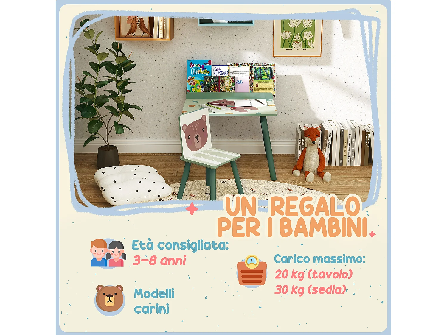 Set Sedia e tavolino per bambini con ripiano in legno verde
